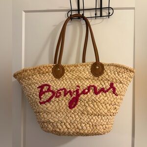 Womens Bonjour Handwoven Straw Tote Handbag Summer Beach Bag with Handles